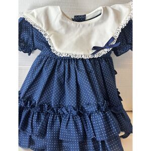 Vintage 70s Baby Girl Blue Polka Dots Lace Ruffles Barbiecore Cottage‎ Sz 12 Mos